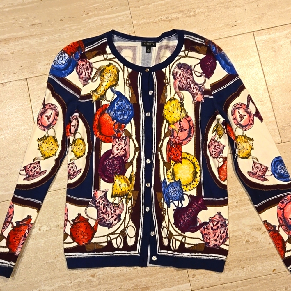 Talbot's Multi-Colored Button Front Tea Party Tassel Print Cotton/Rayon Cardigan